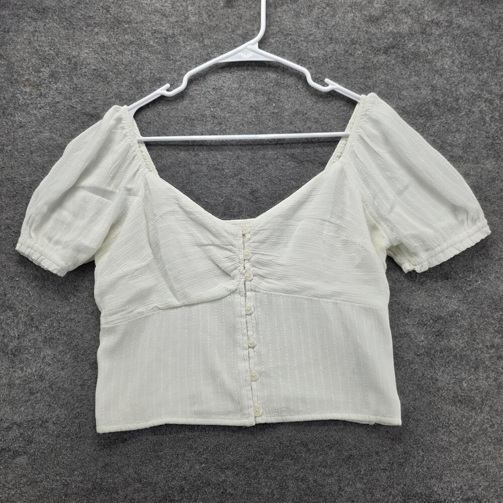 Hollister Blouse Womens L White Cropped Puff Sleeve V-Neck Button Front